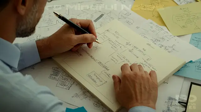 A professional therapist in a serene office setting, holding a pen over an organized set of notes, surrounded by mind maps and psychological diagrams