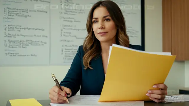 A professional therapist holding a stack of papers, illustrating organized note-taking structure, mind map symbols for mental health concepts, pen in hand to underline key elements, serene office background suggesting focus and calmness