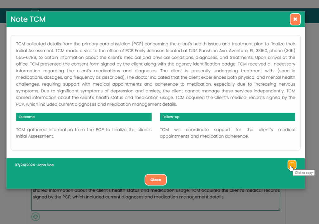View displayed once the user has clicked the preview button. This view includes the option to copy the note to the system clipboard.