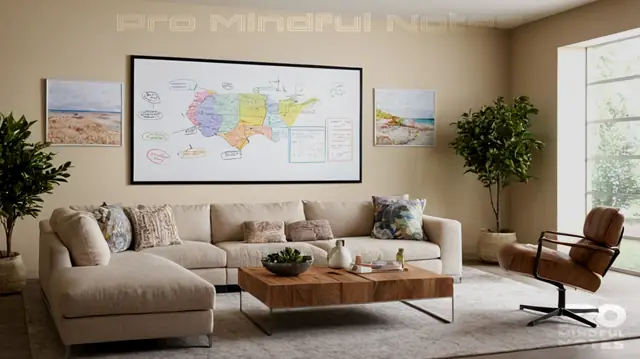 A serene therapist's office, comforting ambiance, whiteboard filled with goals and plans, a diverse group of people engaged in conversation about wellness, inspiring quotes on mental health displayed prominently, images symbolizing growth and flourishing, vibrant marketing collateral featuring brand colors, dynamic graphs showing financial trends