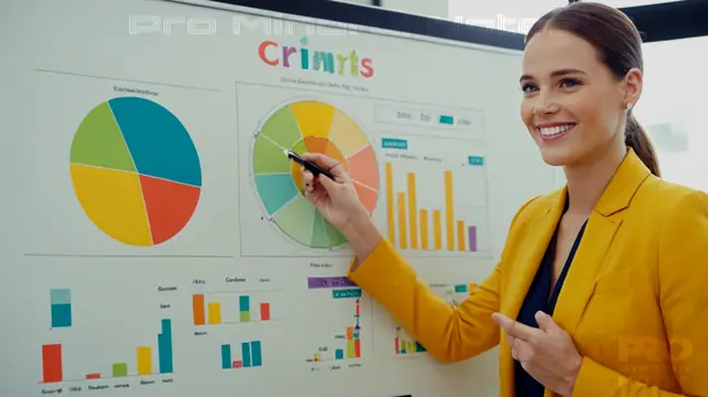 A professional setting, confident smiling individual, whiteboard filled with key points, colorful charts displaying market segments, engaging online presentations, vibrant digital branding elements