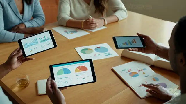 A diverse group of individuals participating in a focus group discussion, hands holding digital devices displaying graphs and health data, serene landscape symbolizing mental clarity, warm colors representing hope, a book titled 'Mental Wellness Assessments' prominently displayed on a table