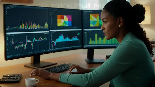 woman looking at computer screen in a professional setting, graphical representation of data analysis, colorful array of therapeutic tools and resources, serene visuals promoting peace and tranquility, diverse client imagery showing engagement and progress, uplifting artwork symbolizing mental wellness