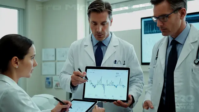 medical professionals consulting charts, digital devices displaying notes, patient interactions, serene hospital environment, AI scribe processing information, handwritten annotations on paper, contrast between high-tech and traditional methods