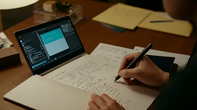 Image showcasing a split screen, one side featuring an advanced AI scribe diligently recording notes, lights flickering softly to indicate active thought processing; other side displaying a human scribe meticulously taking notes by hand, surrounded by personalized stationery and calming colors