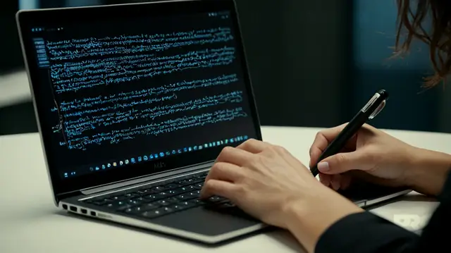 A woman writing on a laptop screen, digital pen in hand, graphical interface showcasing AI-driven note-taking features, contrast between human and AI scribe, visual representation of data encryption for security, health professional using notes to make a diagnosis