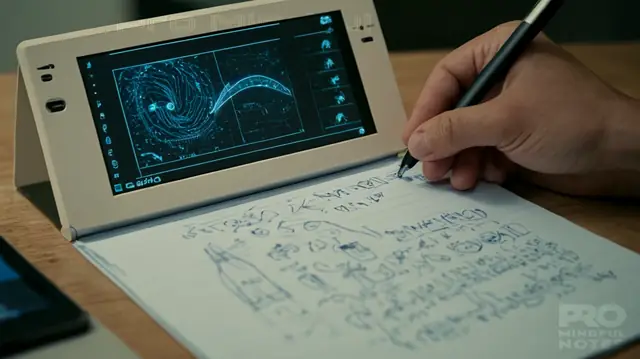 Visual representation of a digital note-taker interface, an individual manually writing on paper, a juxtaposition of futuristic AI technology against traditional tools, contrasts between fast and slow methodologies, symbols indicating mental wellness, overlapping graphics of human thought patterns interfacing with machine learning algorithms