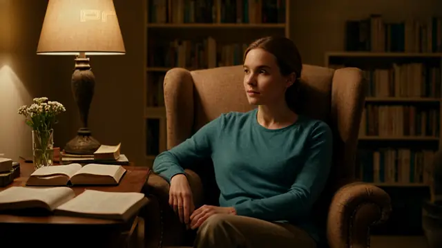 A person sitting in a cozy armchair, surrounded by books on psychology, gentle lighting casting warm shadows, reflective expression, therapy planning materials spread open on table nearby