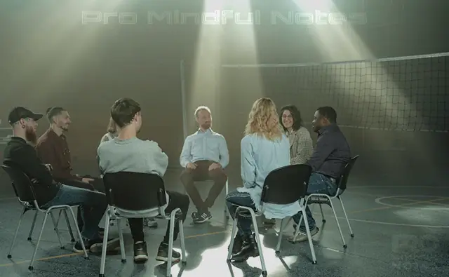 A diverse group of people engaged in a circle formation, expressive facial expressions, therapeutic colors and symbols, empowering posters on the walls, serene natural backdrop