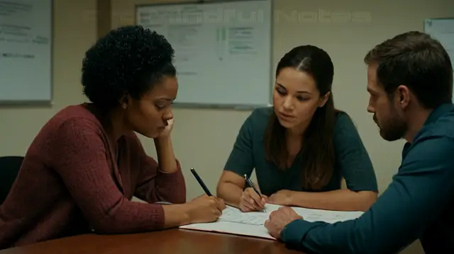 A diverse group of individuals engaged in thoughtful conversation, charts displaying evaluation metrics, a pen and paper, symbols representing psychosocial concepts, and a serene mental health clinic setting