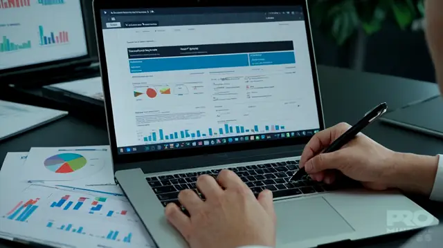 A professional in a clinical setting, holding a pen over an open laptop displaying a report template, surrounded by psychological diagrams and social interaction models, with various colorful charts related to biopsychosocial assessments on visible screens