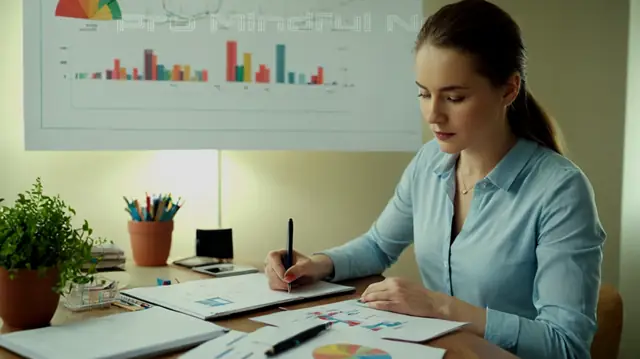 An individual's profile in a therapeutic setting, surrounded by various charts and graphs symbolizing different aspects of psychological well-being, engaged in writing or reviewing assessment reports