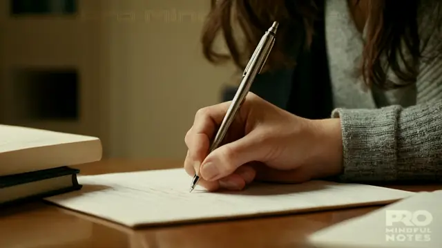 professional-looking individual writing on paper, close-up of hands holding pen and pencil, office environment filled with books and papers, serene background suggesting focus and concentration, mid-morning lighting creating a warm ambiance