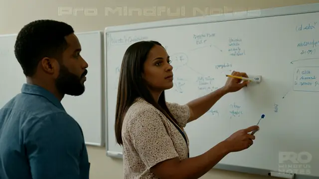 A diverse group of mental health practitioners engaging in collaborative communication, a whiteboard displaying a SOAP (Subjective, Objective, Assessment, Plan) note format, a focused clinical environment, and visual cues for improved interdisciplinary documentation practices