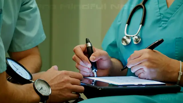 A doctor writing in medical shorthand on an electronic pad, a patient's body language reflecting concern or relief, various clinical tools such as stethoscopes and blood pressure cuffs subtly visible in the background