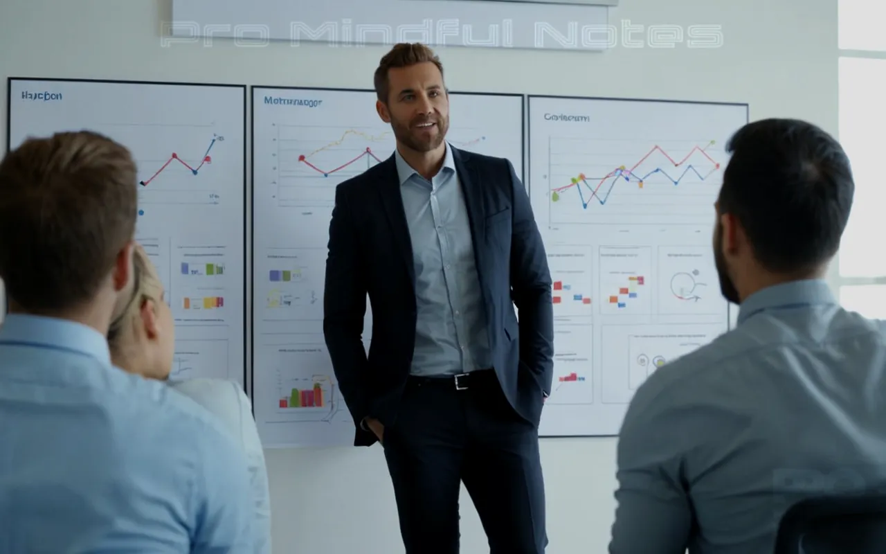 A confident manager standing before their team, motivational charts on a wall, diverse group of employees engaging in focused work, office environment symbolizing leadership growth, visuals conveying positive outcomes and achievements