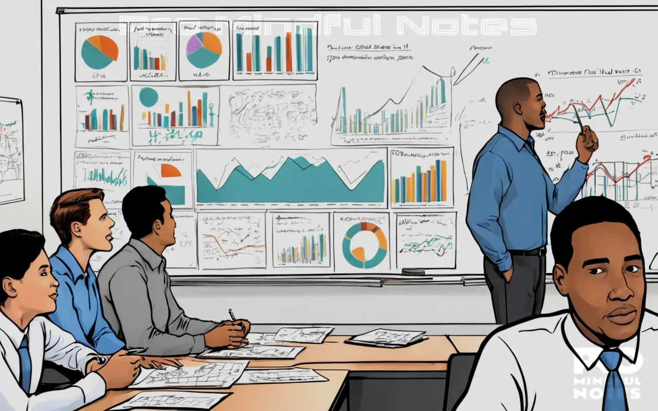A confident manager overseeing employees engaged in focused tasks, motivational leadership workshop posters on a wall, diverse team members displaying enthusiasm for their projects, an upward trending graph symbolizing increased productivity under strong supervision, positive atmosphere of professional growth and collaboration