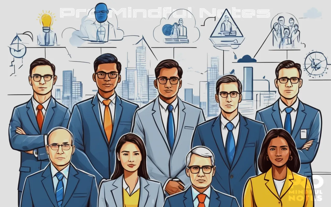 A determined executive in business attire, dynamic organizational chart symbols, diverse group of engaged employees, motivating leader's gaze towards a bright future, illustrations of effective communication and teamwork, symbolic representation of growth and development