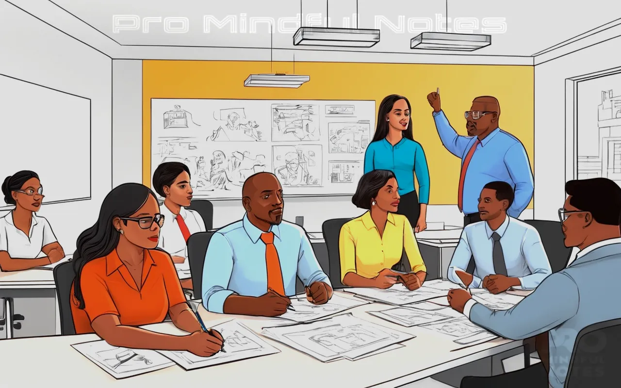 A group of diverse professionals in focus, collaborative environment, dynamic leadership roles, motivational expressions, vibrant office setting, and a clear representation of mentorship and guidance