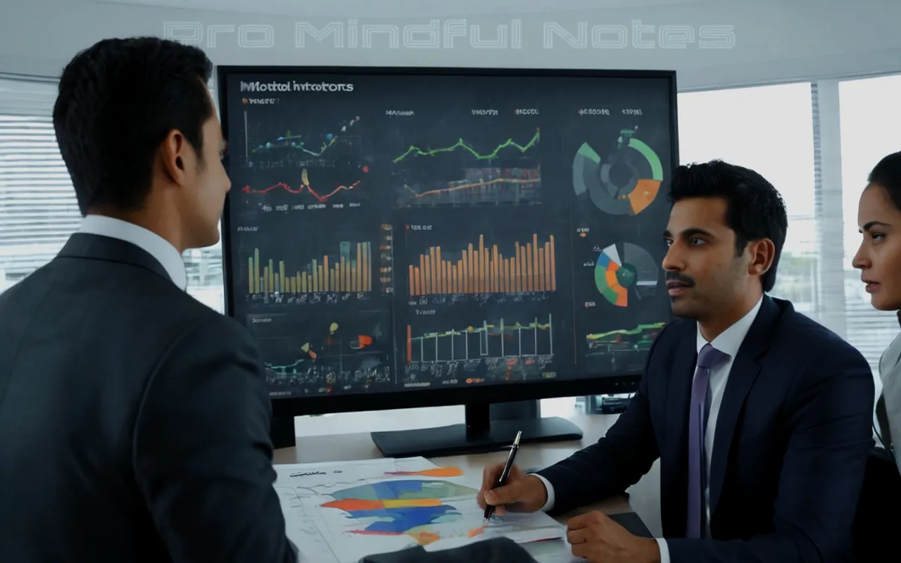 A motivated executive in a sharp suit, hand on shoulder of an eager employee, dynamic team collaboration, dashboard displaying key performance indicators, graph illustrating upward trends