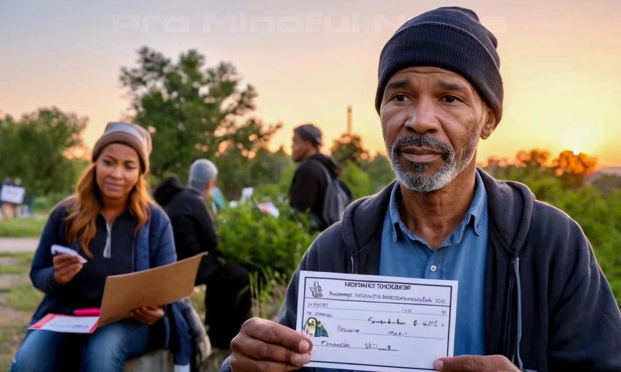 Homeless elderly man holding a sign for help, supportive caregiver handing out pamphlets on mental health resources, serene landscape background suggesting hope and wellness, diversity of patients receiving case management services