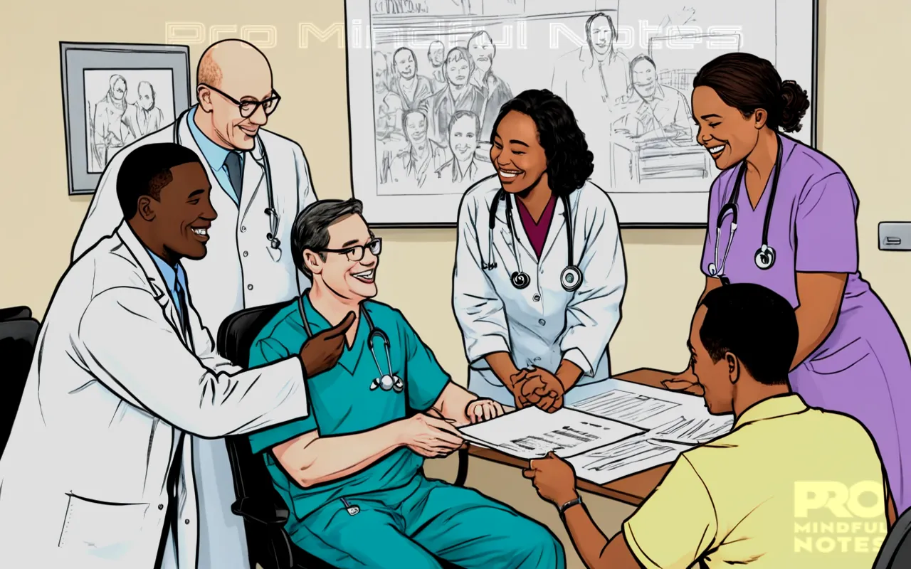 A diverse group of medical professionals and a patient engaged in conversation, an ethical dilemma sign displayed prominently, a document symbolizing informed consent, and trust-building symbols such as handshakes and smiles between individuals