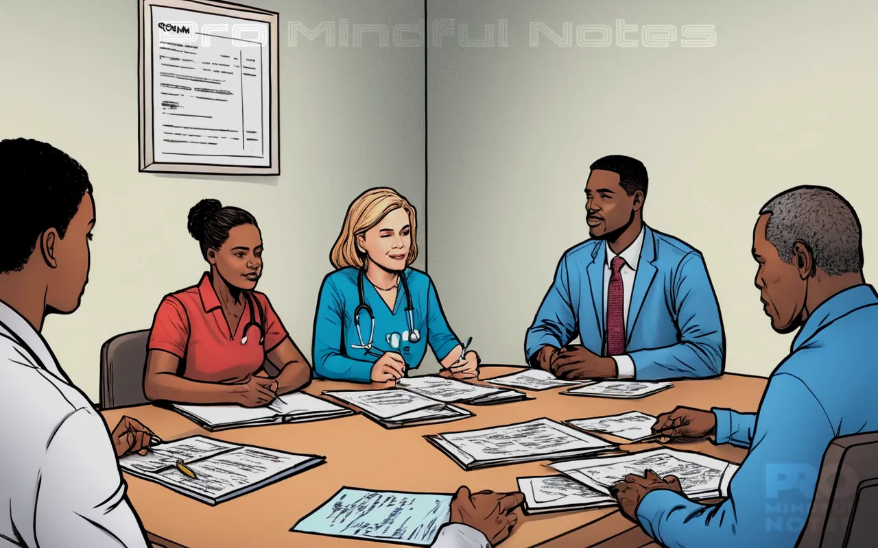 A diverse group of individuals seated around a table, various medical documents spread out, signs indicating informed consent, thoughtful expressions, ethical dilemmas in healthcare contexts