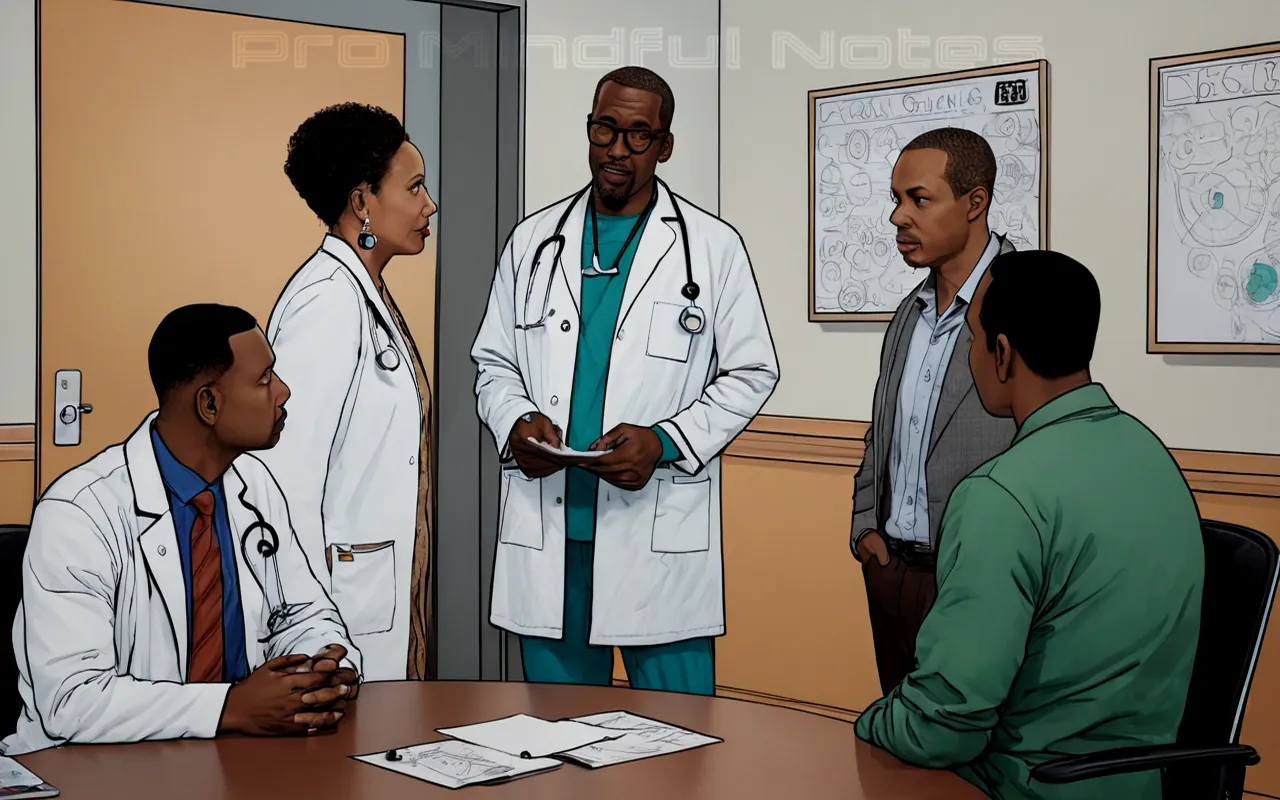 A diverse group of individuals engaged in conversation, a doctor's office setting with medical charts visible, ethical principles symbolized by interlocking circles, patient empowerment imagery, confidentiality represented through locked doors or private spaces, trust embodied by open body language and eye contact