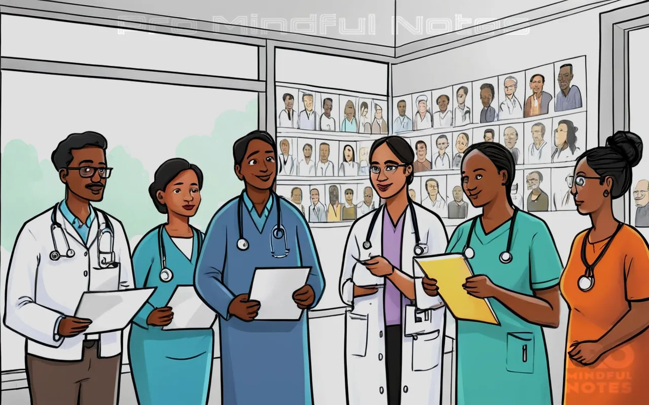 A diverse group of individuals, varying ethnic backgrounds, holding forms with checkboxes and signatures, healthcare professionals engaged in dialogue with attentive patients, visual metaphors like glass walls between doctors and patient charts, symbols representing knowledge transfer and trust-building