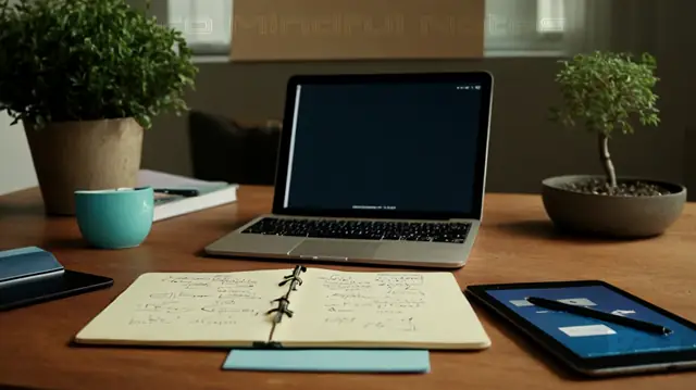 A psychologist's desk cluttered with organized files, a digital tablet displaying therapy notes, symbols representing privacy and security, serene landscape to signify improved mental well-being