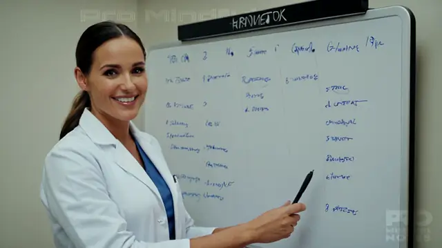 A doctor smiling confidently, whiteboard filled with goals, digital planner in hand, therapeutic session taking place, happy clients engaged, streamlined workflow represented