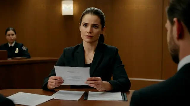 Therapist holding a document, hands over crossed, empathetic expression, courtroom backdrop, redacted patient name, visual tension between privacy and legal duty, ethical dilemma symbolism