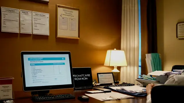 Psychotherapist seated at desk, piles of documentation, HIPAA compliance badge displayed, computer screen showing a healthcare database interface, therapy room setting with privacy curtains drawn