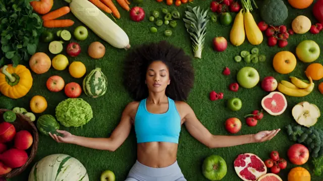 A diverse group of people engaged in various forms of exercise, surrounded by vibrant fruits and vegetables; a calming landscape reflecting inner peace; symbols representing physical, emotional, and spiritual health intertwining harmoniously